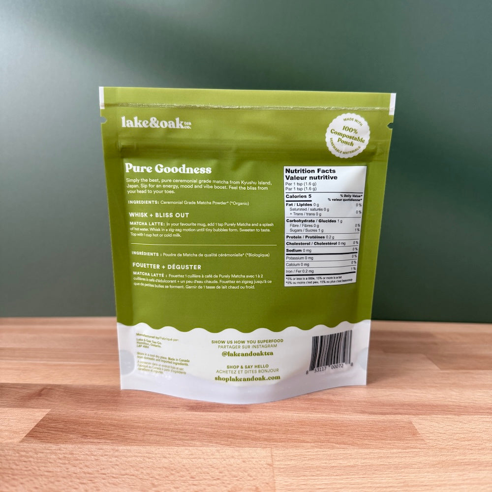 Lake & Oak Tea Co. - Purely Matcha - Organic Ceremonial Grade Matcha (80g Bag)